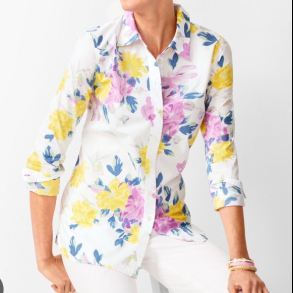 Talbots Blouse Shirt Top Classic Cotton Floral Bouquet Pastel Lavender WM SZ S